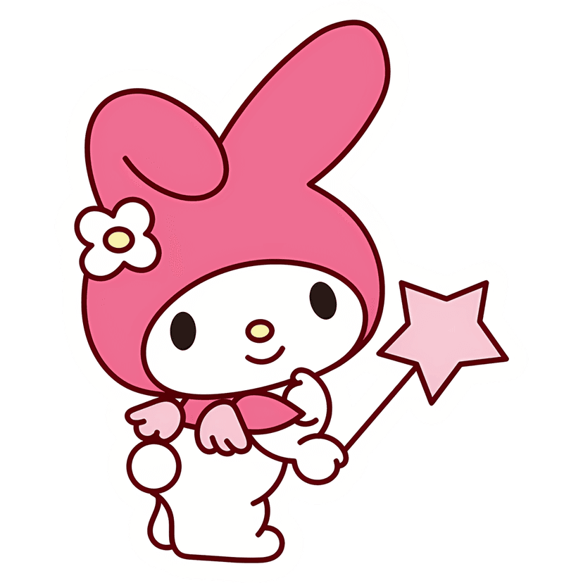 Pink rabbit character holding yellow star magic wand featuring white facial accents and rounded cartoon ears.