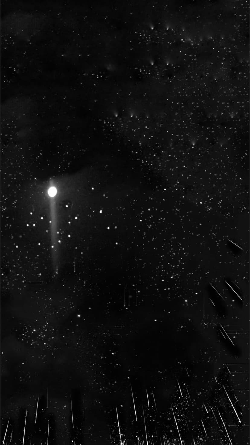 Bright full moon emitting a vertical light beam amidst a dense field of streaking meteors and distant stars.