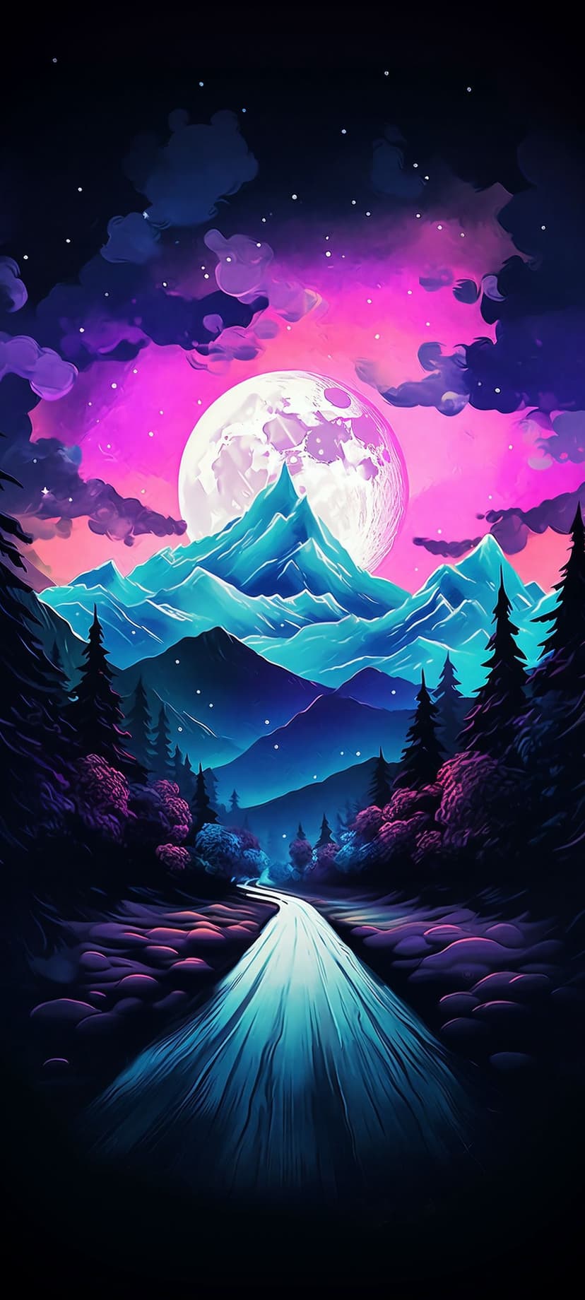 Glowing blue mountains sit beneath a large neon purple moon and starry sky with a luminous winding path.