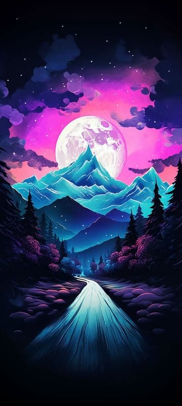 Enchanting Mountain Landscape Under a Neon Moon