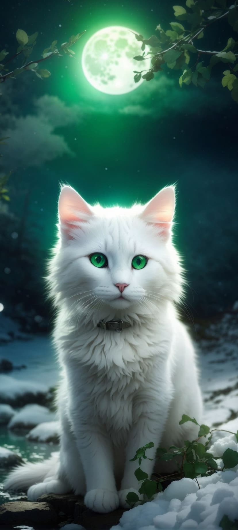 Fluffy white cat with green eyes sits on snowy ground under a massive glowing green moon in a dark forest.