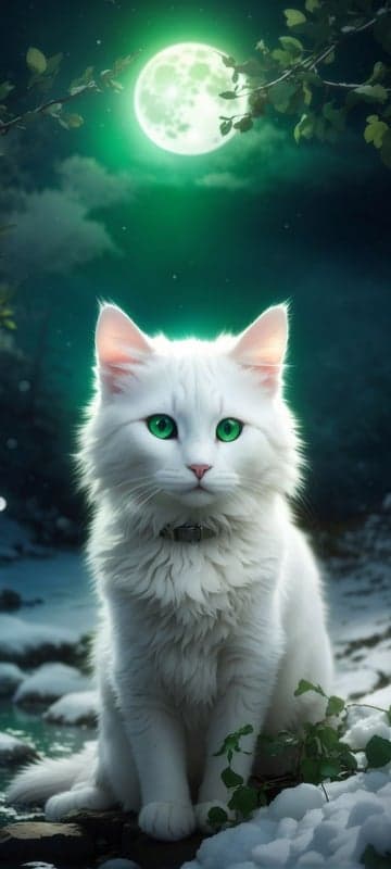Mystical White Cat Under Green Moonlit Sky