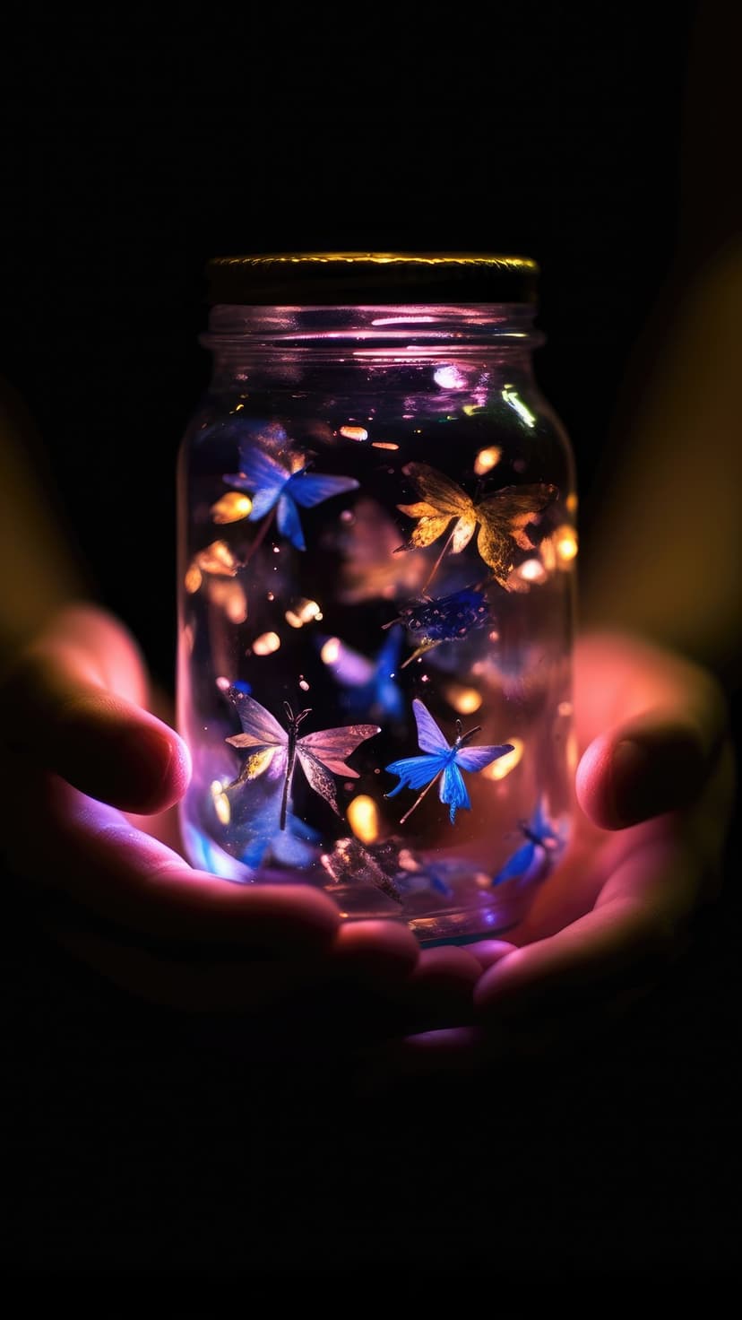Cupped hands hold a glass jar filled with glowing butterflies against a dark, shadowy background in soft light.