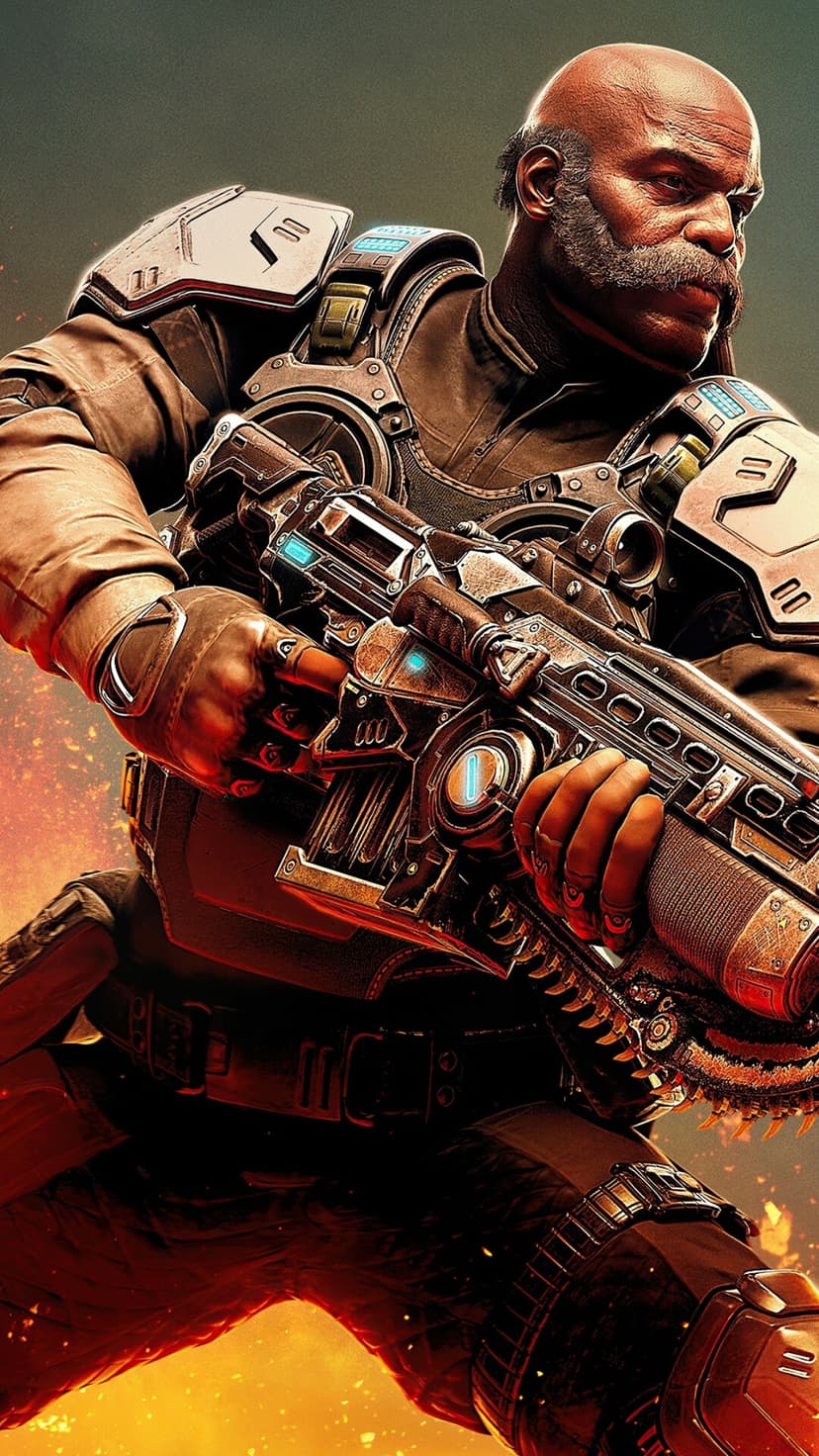 Older Black soldier in heavy sci-fi armor holding a chainsaw rifle amidst glowing embers and sparks.