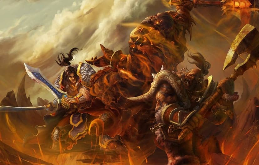 Human and orc warriors battle a giant magma monster amidst fire and smoke in a scorched landscape.
