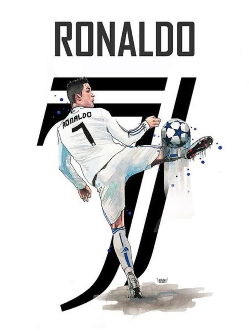 Cristiano Ronaldo in a white kit leaps to control a soccer ball against a white backdrop with black number 7 text.