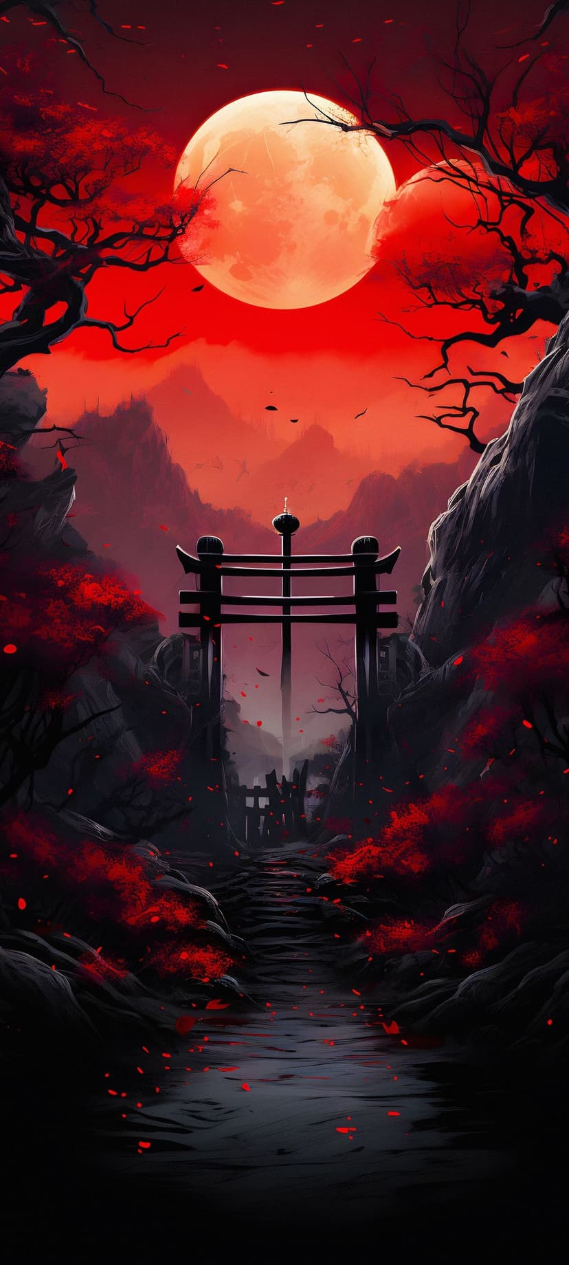 Red torii gate stands on a stone path beneath a massive blood moon, misty mountains, and dark gnarled trees.