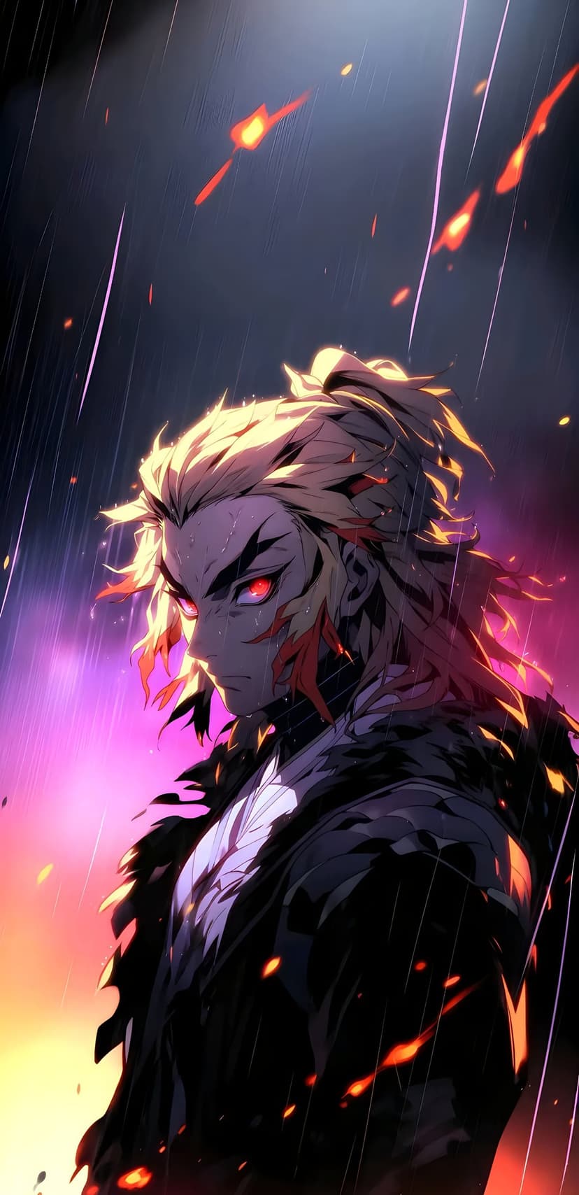 Red-eyed warrior with flaming hair standing in heavy rain with glowing embers and dark atmospheric lighting.