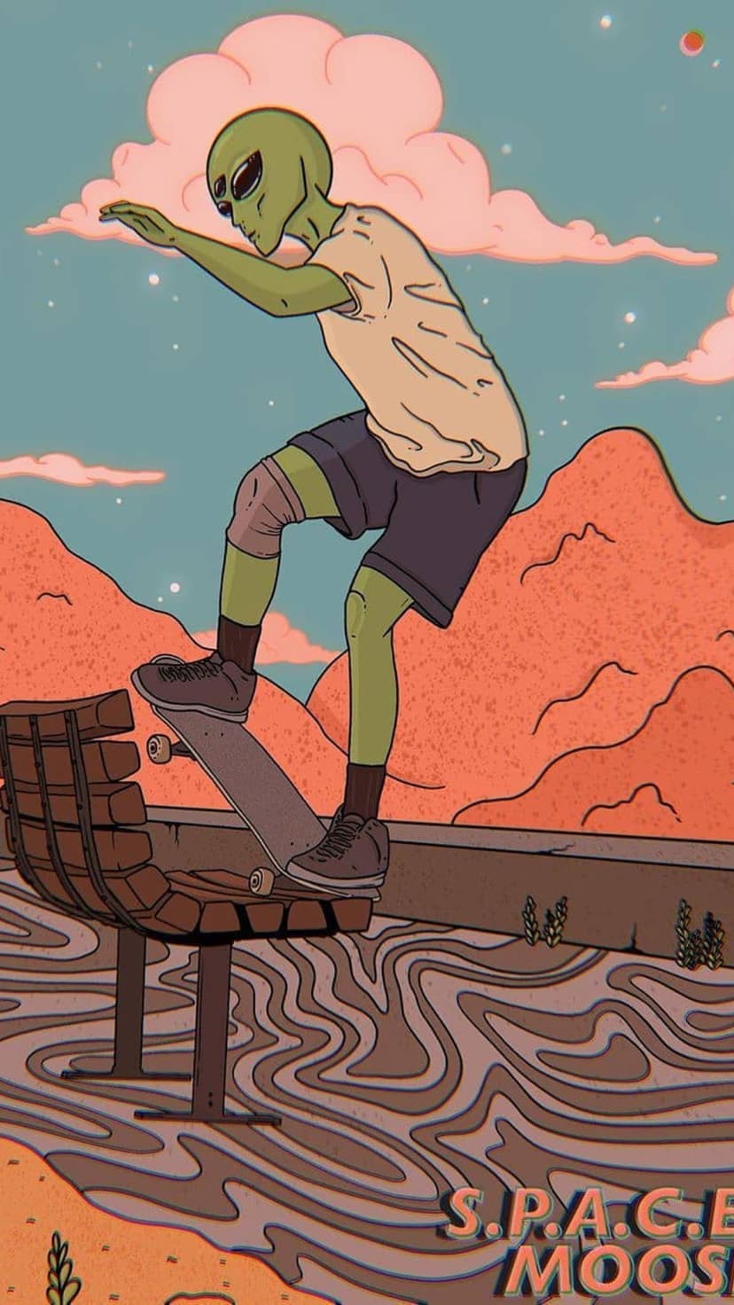 Green alien skater in a t-shirt and shorts glides past orange mountains under pink clouds and a turquoise sky.