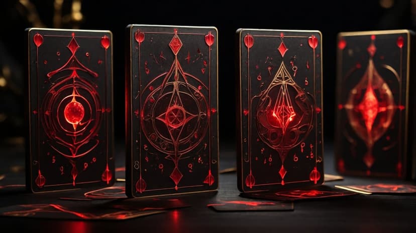 Four tarot cards with glowing red symbols stand on a dark surface amidst scattered cards and a blurred background.