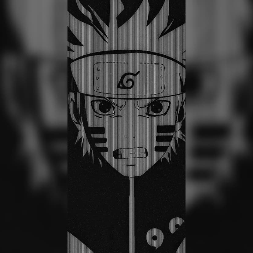 Naruto Uzumaki stares intensely with whisker marks and a Konoha headband in a black and white vertical portrait.