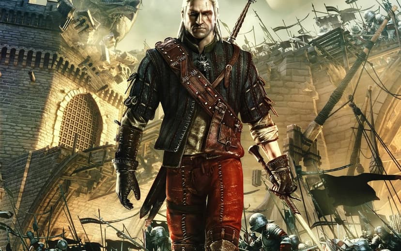 Geralt of Rivia in leather armor stands before a besieged castle with soldiers, smoke, and siege engines.