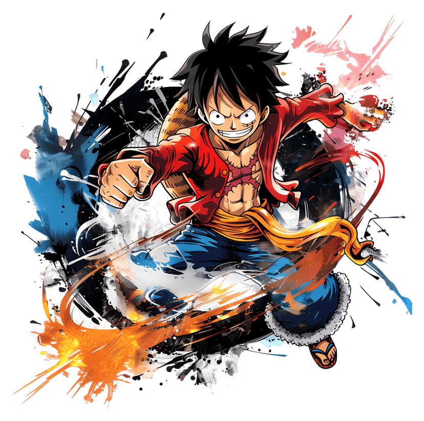 Luffy Monkey D in a dynamic fighting stance featuring red vest and straw hat against a transparent background.
