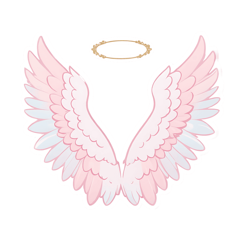 Pink angel wings with a gold halo feature soft pastel gradients and a white sticker outline on a black backdrop.