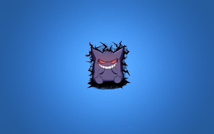 Purple Gengar Pokemon with glowing orange eyes and a wide grin on a solid blue background with black jagged outlines.