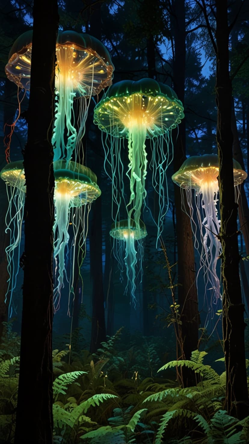 Glowing jellyfish with long tentacles hang between tall forest trees over a floor of green ferns at night.