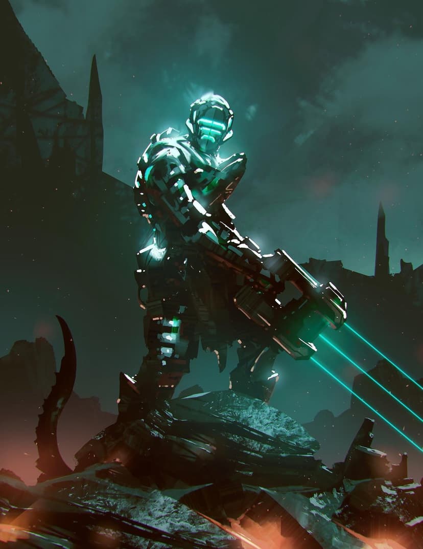 Armored soldier with glowing cyan lights holding a triple-laser weapon standing on jagged dark rocky terrain.