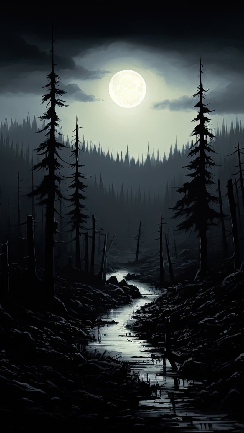 Luminous full moon hangs over a winding forest river surrounded by dark pine tree silhouettes in a night landscape.