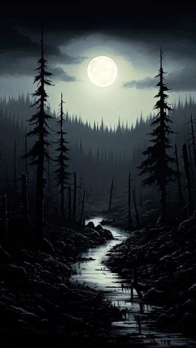 Ethereal Midnight River Pine Forest Mobile Background