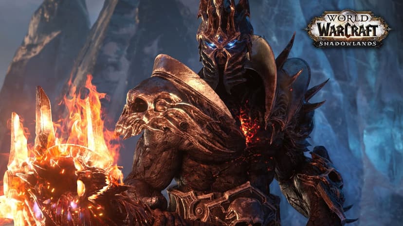 Bolvar Fordragon in dark armor with glowing orange cracks holding a fiery mace against a cold icy background.
