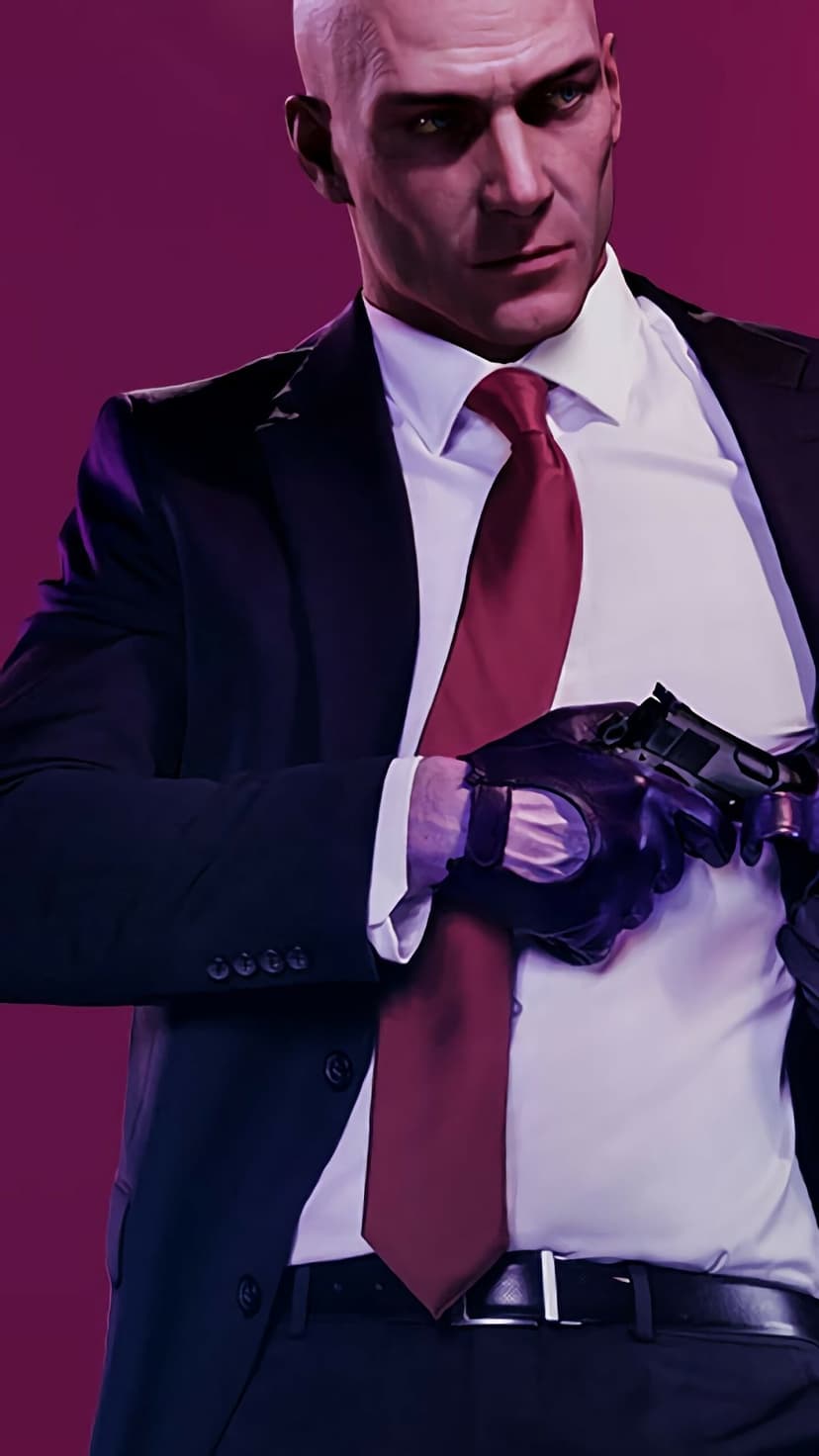 Agent 47 in a dark suit and red tie holding a handgun against a solid purple background in a serious pose.