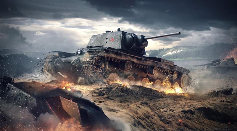 Soviet heavy tank with a red star drives over a dirt mound amidst fire and smoke on a dark battlefield.