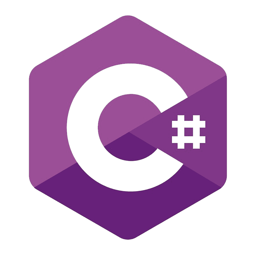 C# programming language logo featuring a white symbol inside a purple hexagonal shape with a subtle gradient.