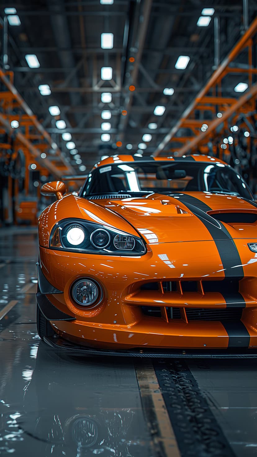 Orange Dodge Viper with black stripes on a reflective floor in a brightly lit industrial warehouse setting.