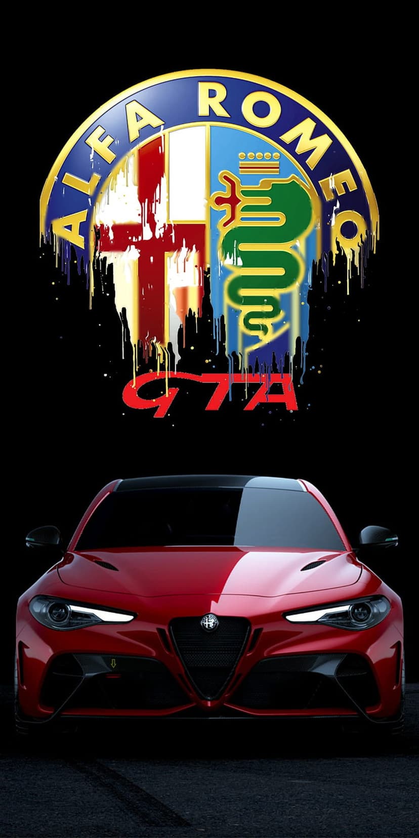 Red Alfa Romeo GTA sports car sits beneath a stylized dripping brand emblem on a deep black background.