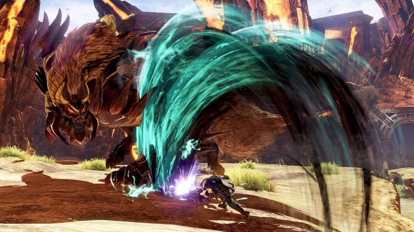Colossal lion beast unleashes a massive teal energy swipe in a rocky canyon during a cinematic game battle.