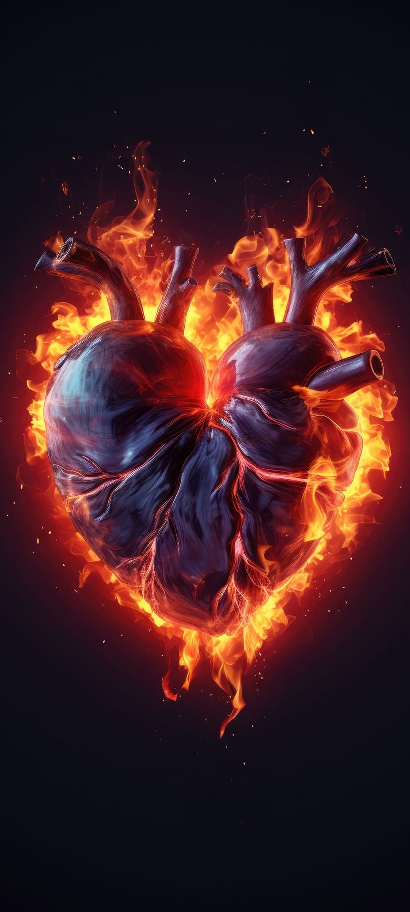 Anatomical heart surrounded by vibrant orange and red flames against a solid black backdrop with glowing sparks.