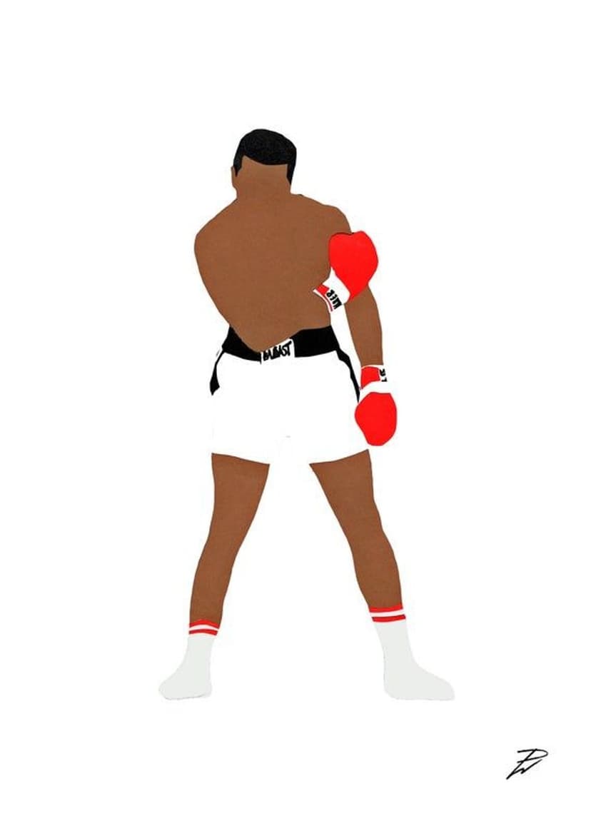 Muhammad Ali in a boxing stance wears white Everlast shorts and red gloves against a solid white background.