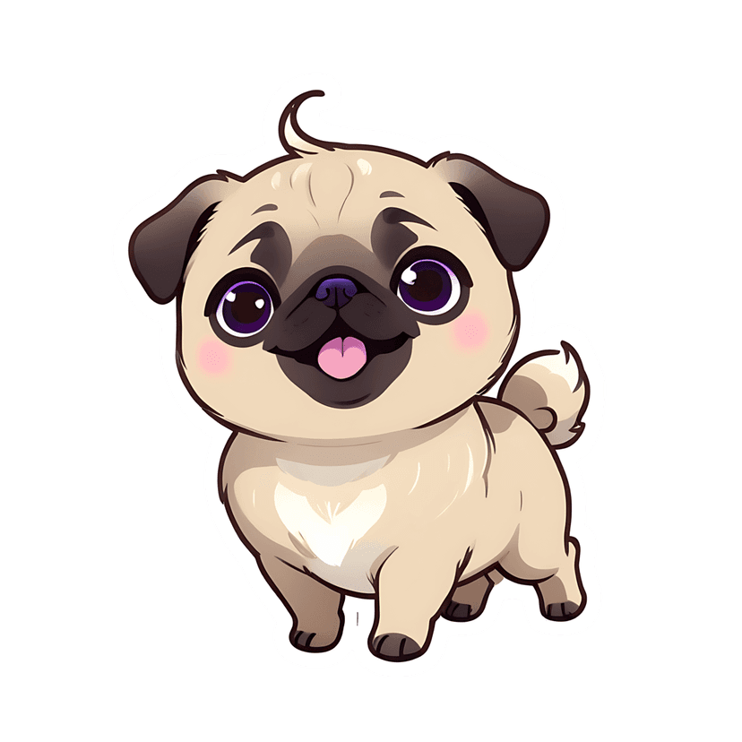 Beige pug puppy sticker with purple eyes and a white outline, presented in a centered front-facing pose.