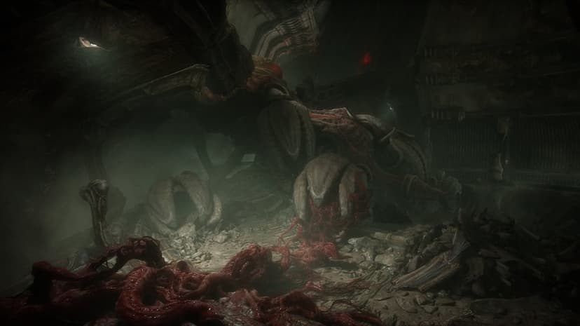 Ribbed skeletal chamber with glistening red organic matter on the ground and dark biopunk architectural details.