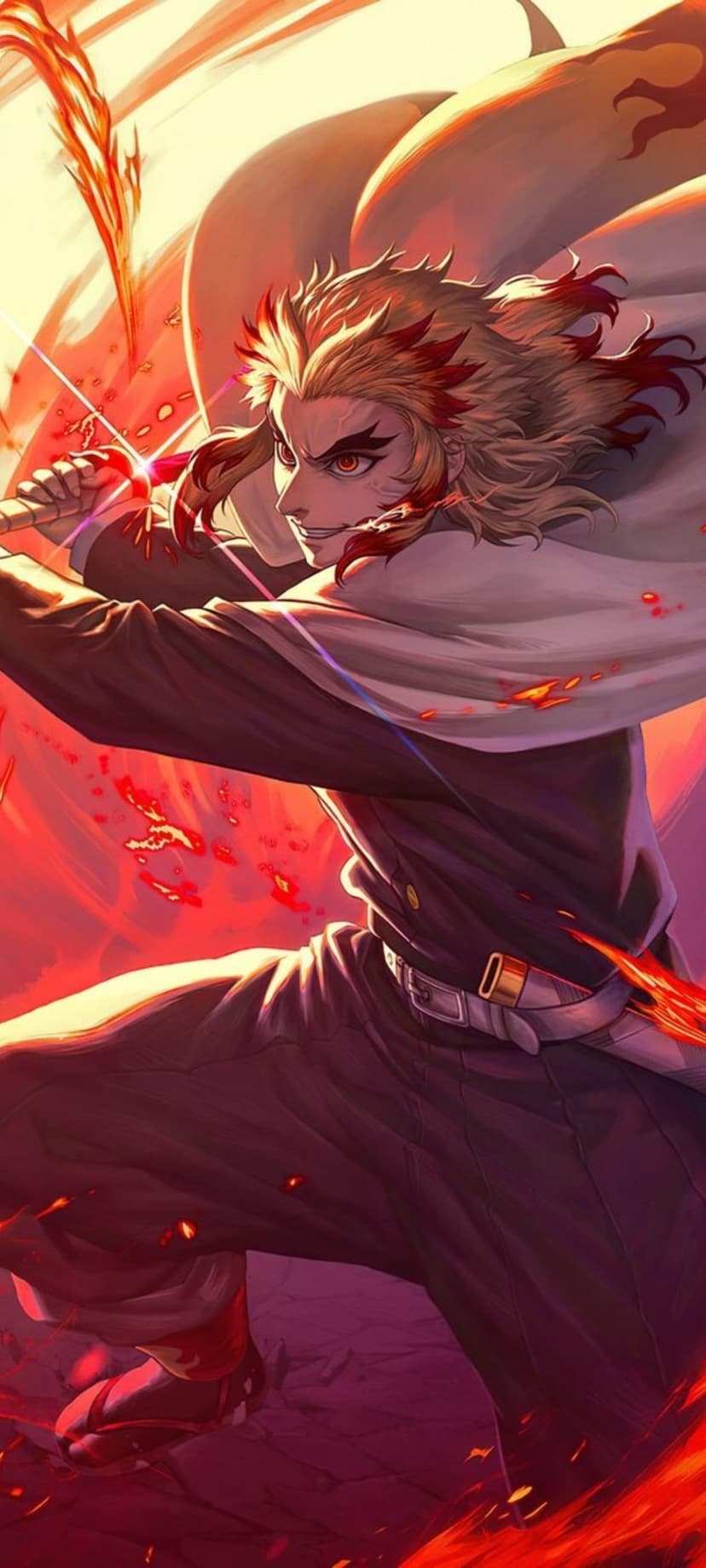 Kyojuro Rengoku grips his katana while surrounded by swirling fire and glowing embers in a vertical battle scene.