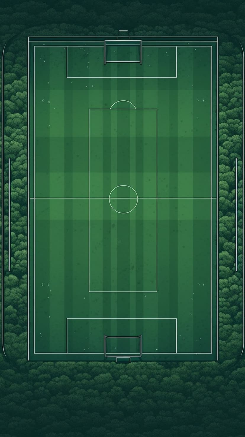 Soccer field with white markings and green turf surrounded by a dense forest of dark green deciduous trees.