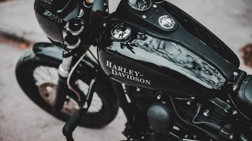 Black Harley-Davidson fuel tank with white branding and chrome details on a classic motorcycle.