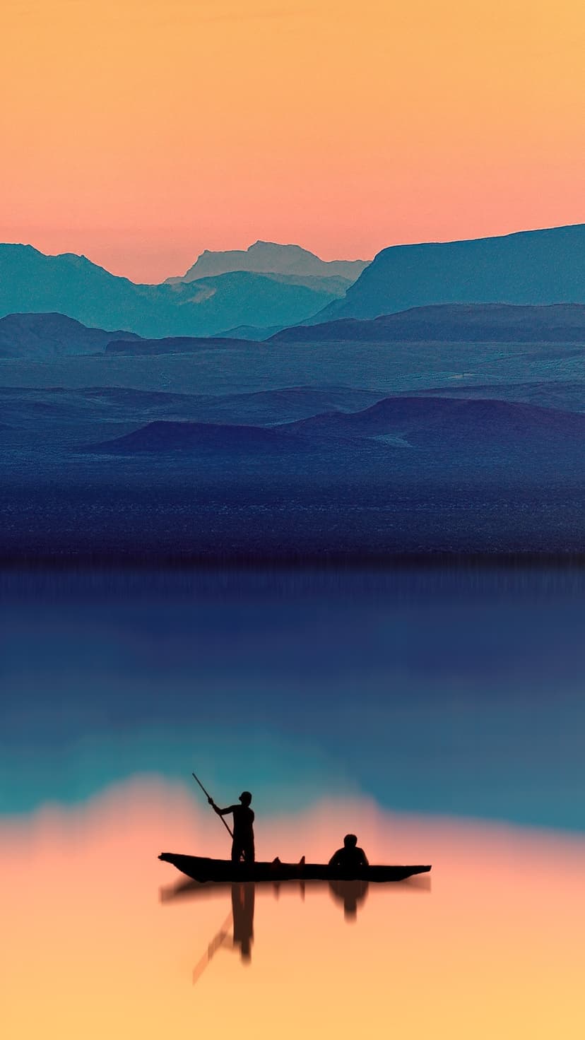 Two people rowing a boat silhouetted against a pastel sunset over calm water and distant mountain peaks.