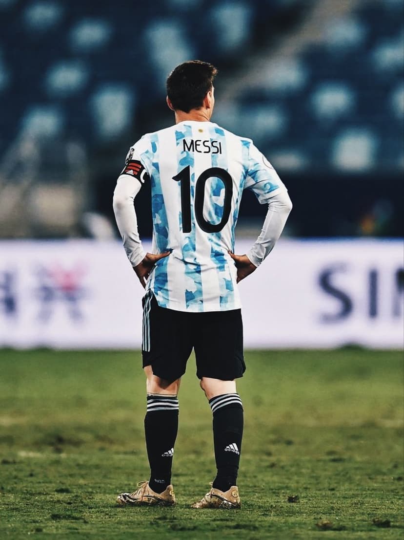 Lionel Messi stands from behind wearing a number 10 Argentina jersey on a green football pitch in a stadium.