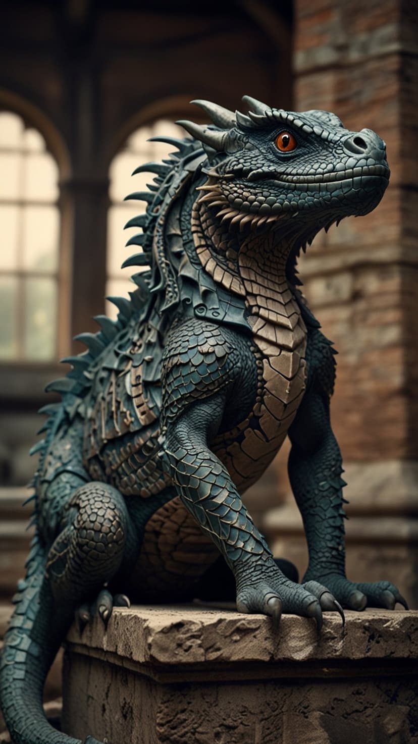 Emerald dragon sculpture with glowing orange eyes perched on a stone pedestal within an ancient arched courtyard.