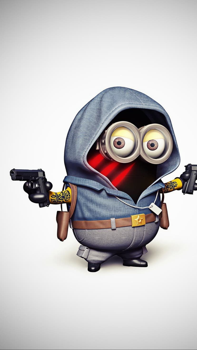 Minion character wearing a denim hoodie and goggles holds two black handguns against a white gradient background.