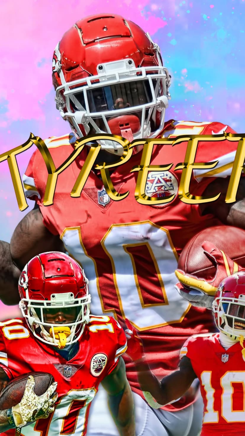 Tyreek Hill wears a Kansas City Chiefs helmet and red jersey while holding a football in a vertical sports pose.