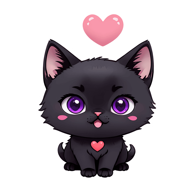 Black kitten sticker with purple eyes and pink hearts featuring a white die-cut border and glossy finish.