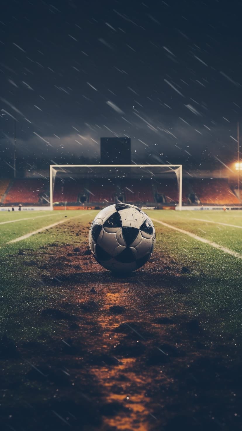 Soccer ball on a wet field before a goal net during a night rainstorm with glowing orange stadium lights.