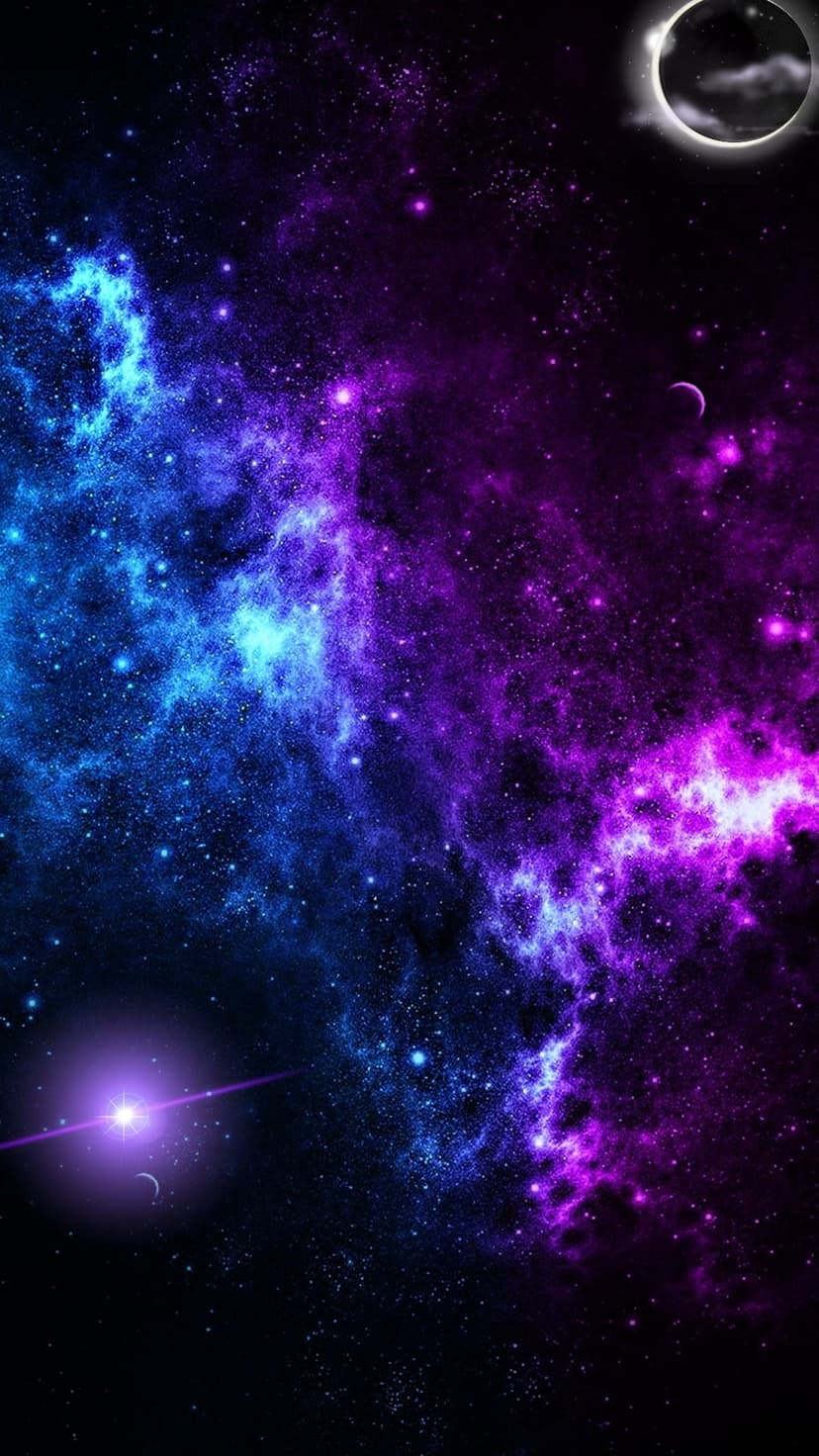 Swirling violet nebula gases and distant planetary spheres surrounding a luminous star and a lunar eclipse.