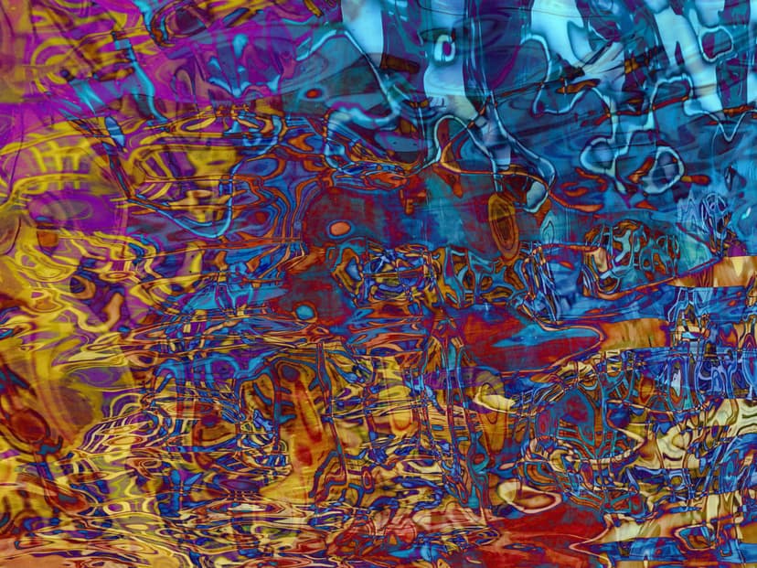 Swirling ribbons of electric blue and deep crimson light interweave in a rhythmic, liquid motion pattern.