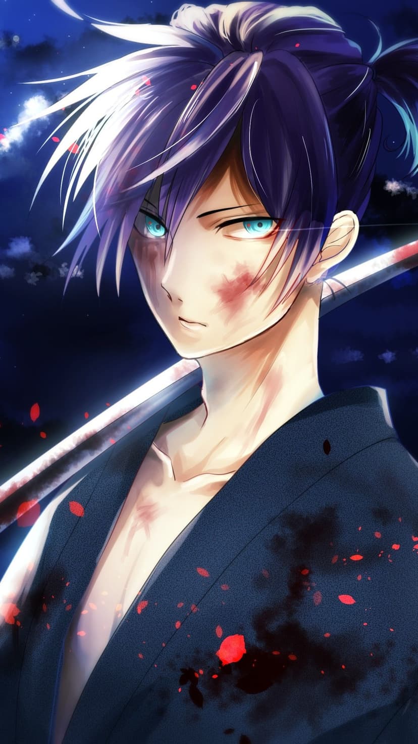 Swordsman with blue eyes and messy hair wears a blood-stained kimono against a dark moonlit sky with red petals.
