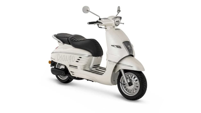 White Peugeot Django scooter with chrome mirrors and a black seat on a clean white studio background.