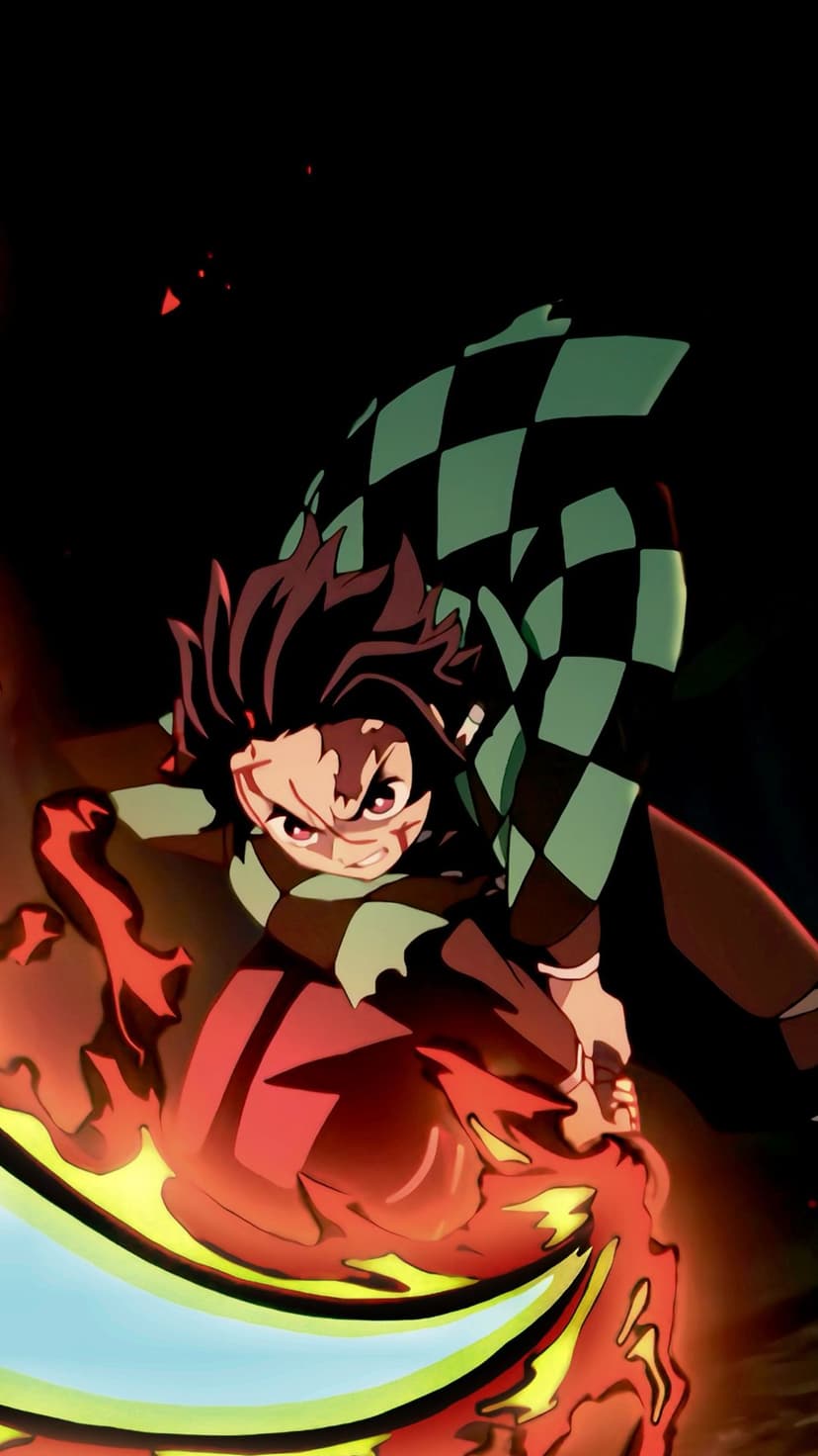 Tanjiro Kamado swings a sword enveloped in swirling orange flames while wearing a green checkered haori.
