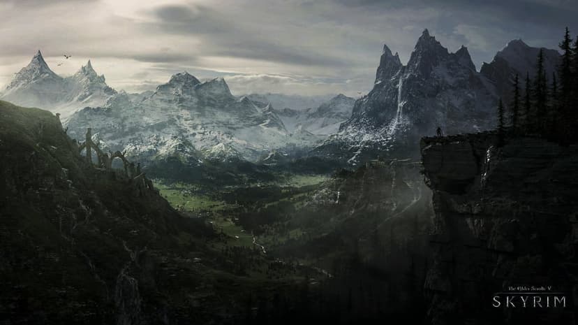 Snow-capped jagged mountains tower over a green valley with a small figure on a cliff and flying dragons.